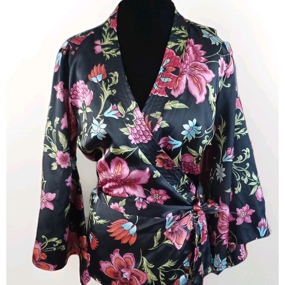 Sinequanone Floral Wrap Top Black Pink Wide Bell Sleeve Made in France T40 M